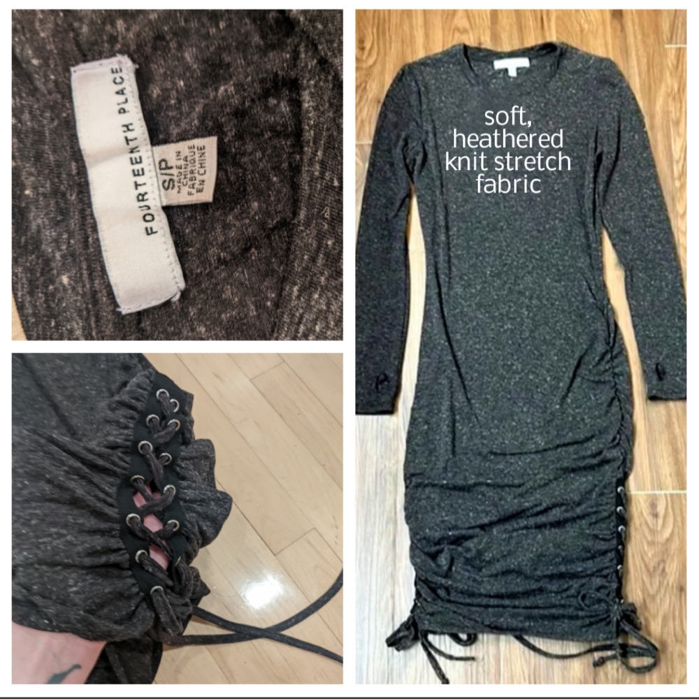 Linen Blend Stretch Athleisure Ruched Midi Bodycon Dress - Picture 3 of 9